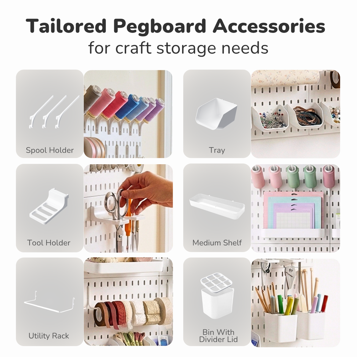 Keepo Craft Wall Organizer Set - 6Pcs Peg Boards-White