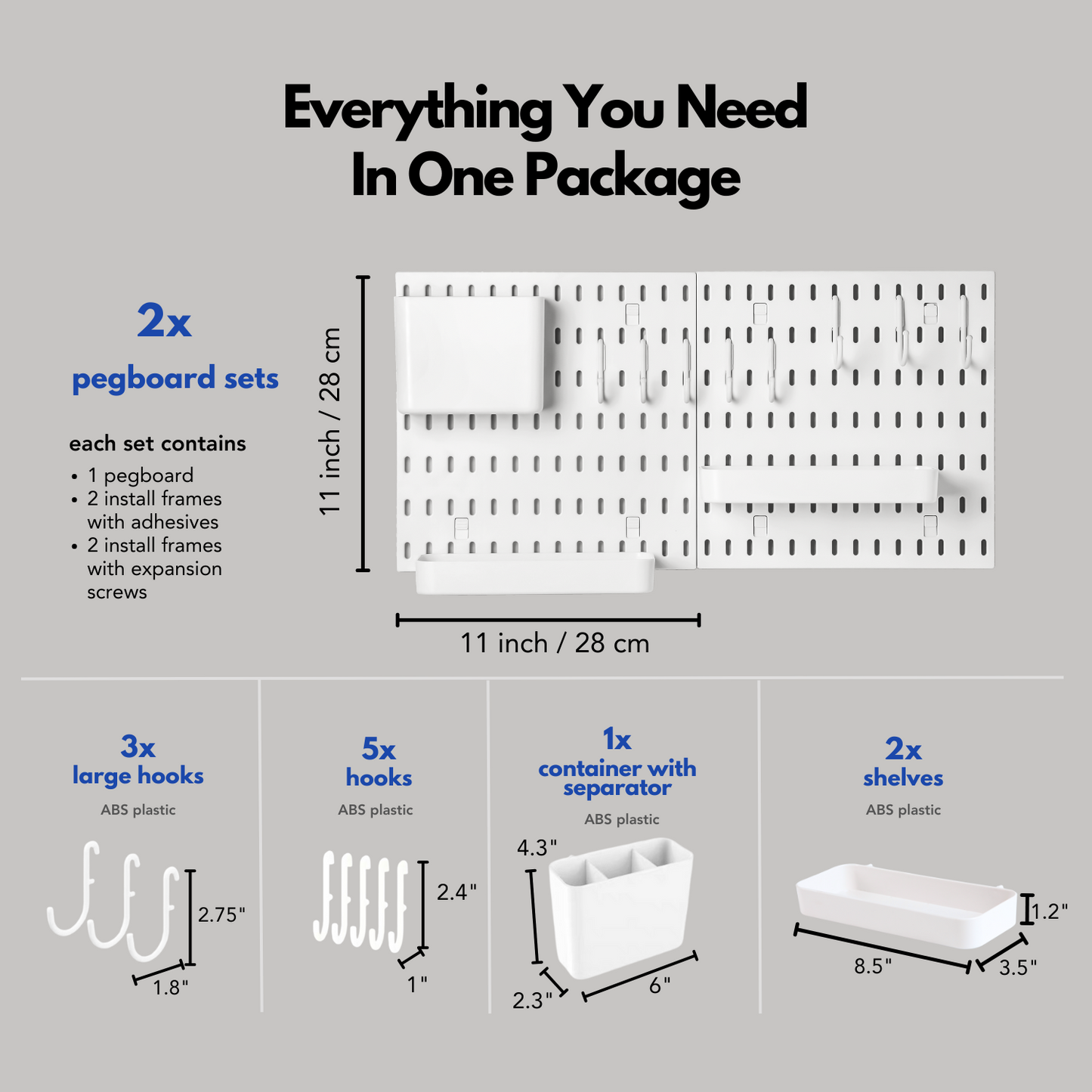 Keepo White Wall Organizer Set With 2Pcs Pegboards