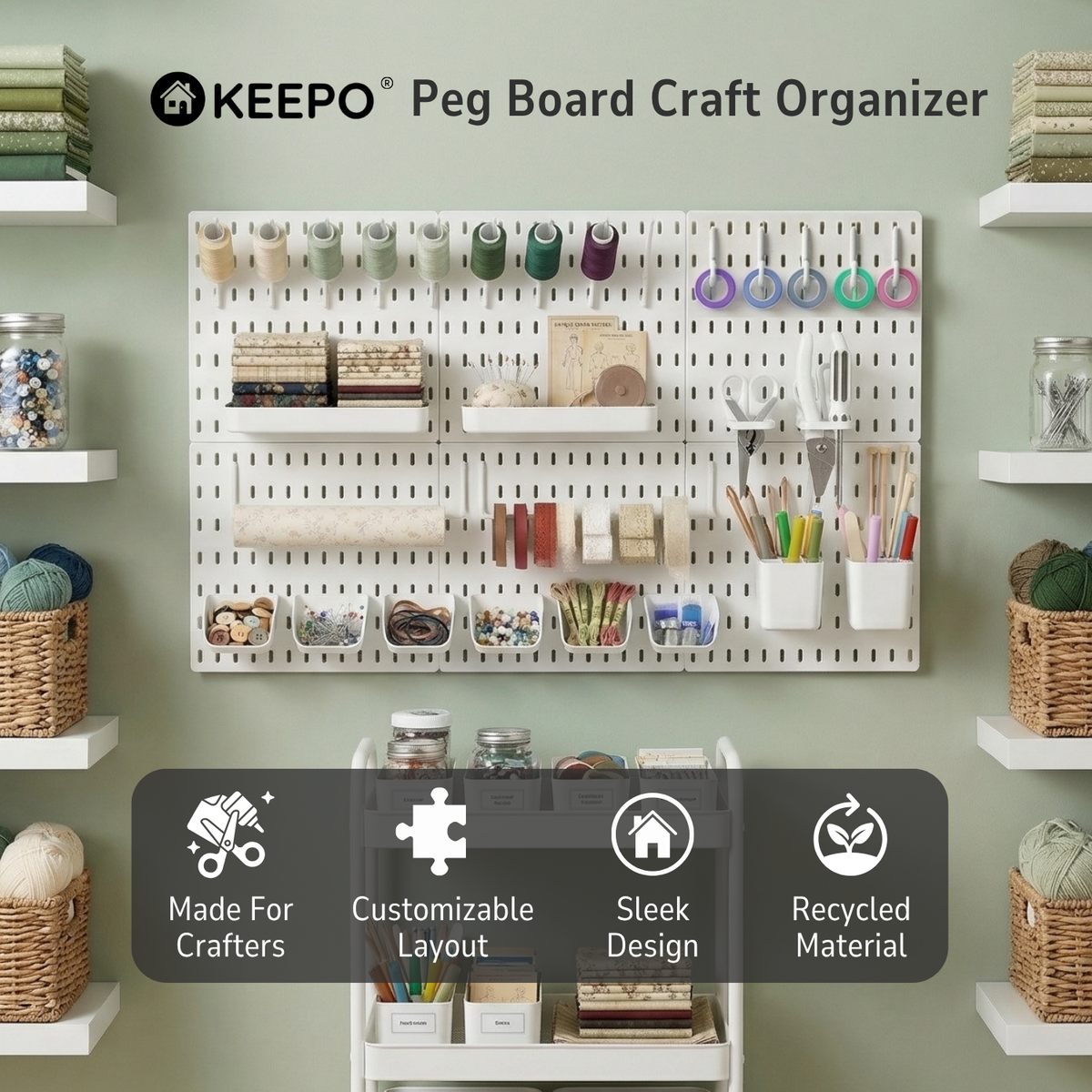 Keepo Craft Wall Organizer Set - 6Pcs Peg Boards-White