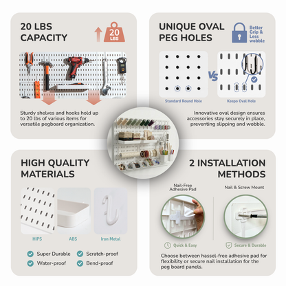 Keepo Craft Wall Organizer Set - 6Pcs Peg Boards-White