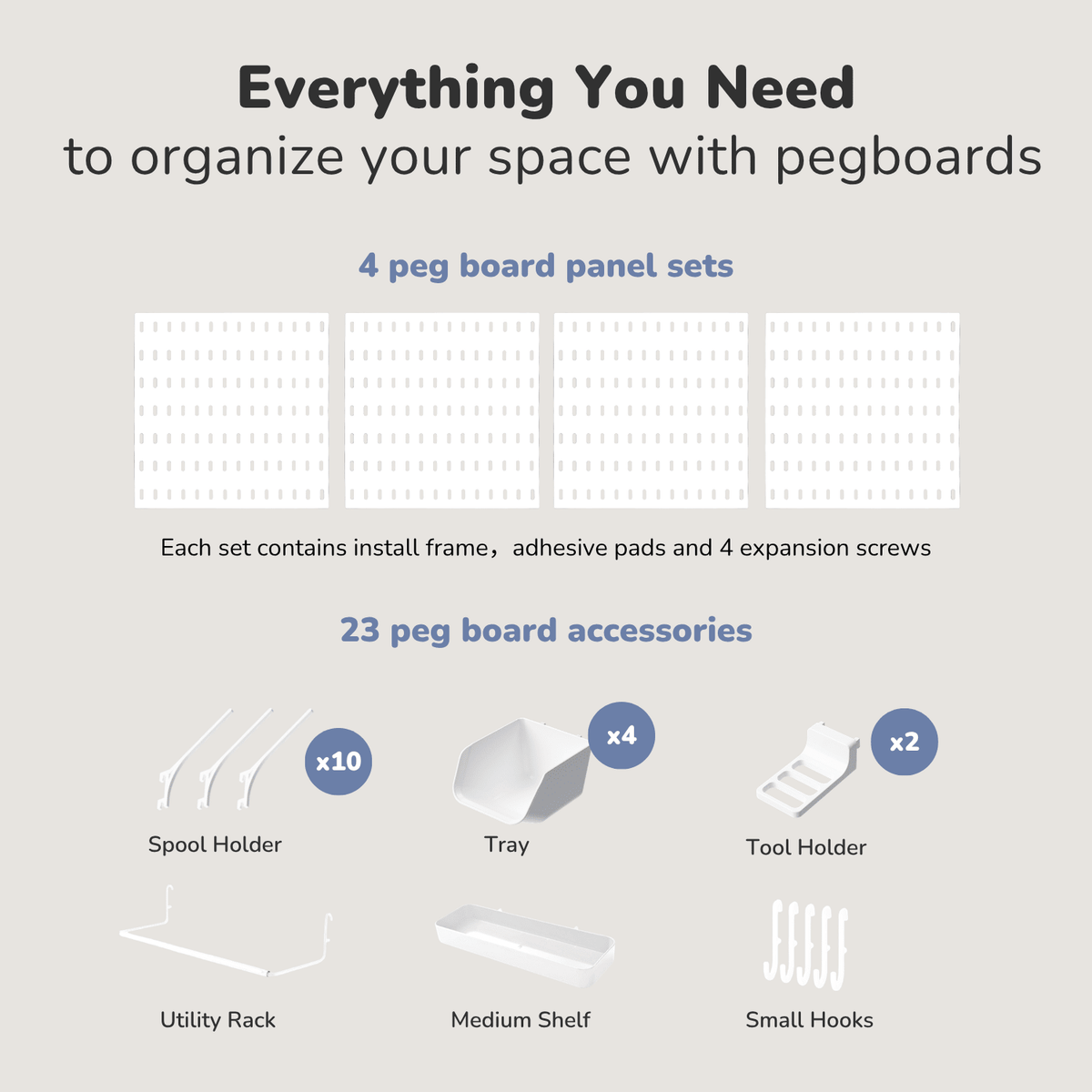 Keepo Craft Wall Organizer Set - 4Pcs Peg Boards-White - Keepo