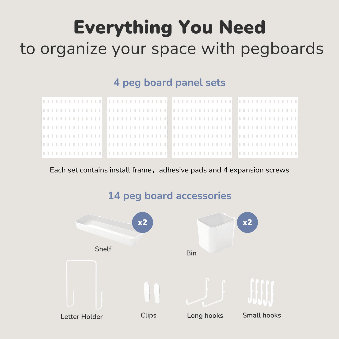 Keepo White Wall Organizer Set - 4Pcs Peg Boards - Keepo
