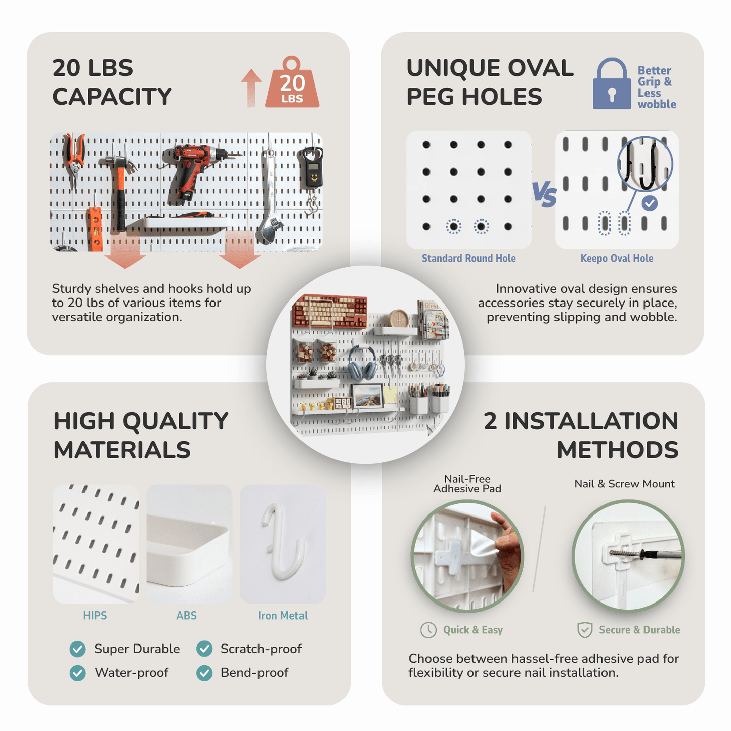 Keepo White Wall Organizer Set - 6Pcs Peg Boards - Keepo