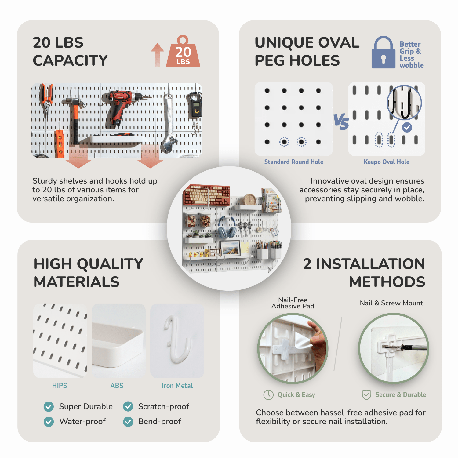 Keepo White Wall Organizer Set - 6Pcs Peg Boards - Keepo