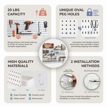 Keepo White Wall Organizer Set - 6Pcs Peg Boards - Keepo