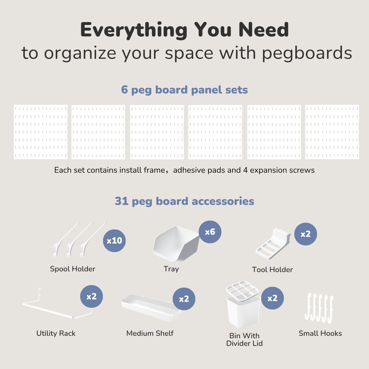 Keepo Craft Wall Organizer Set - 6Pcs Peg Boards-White